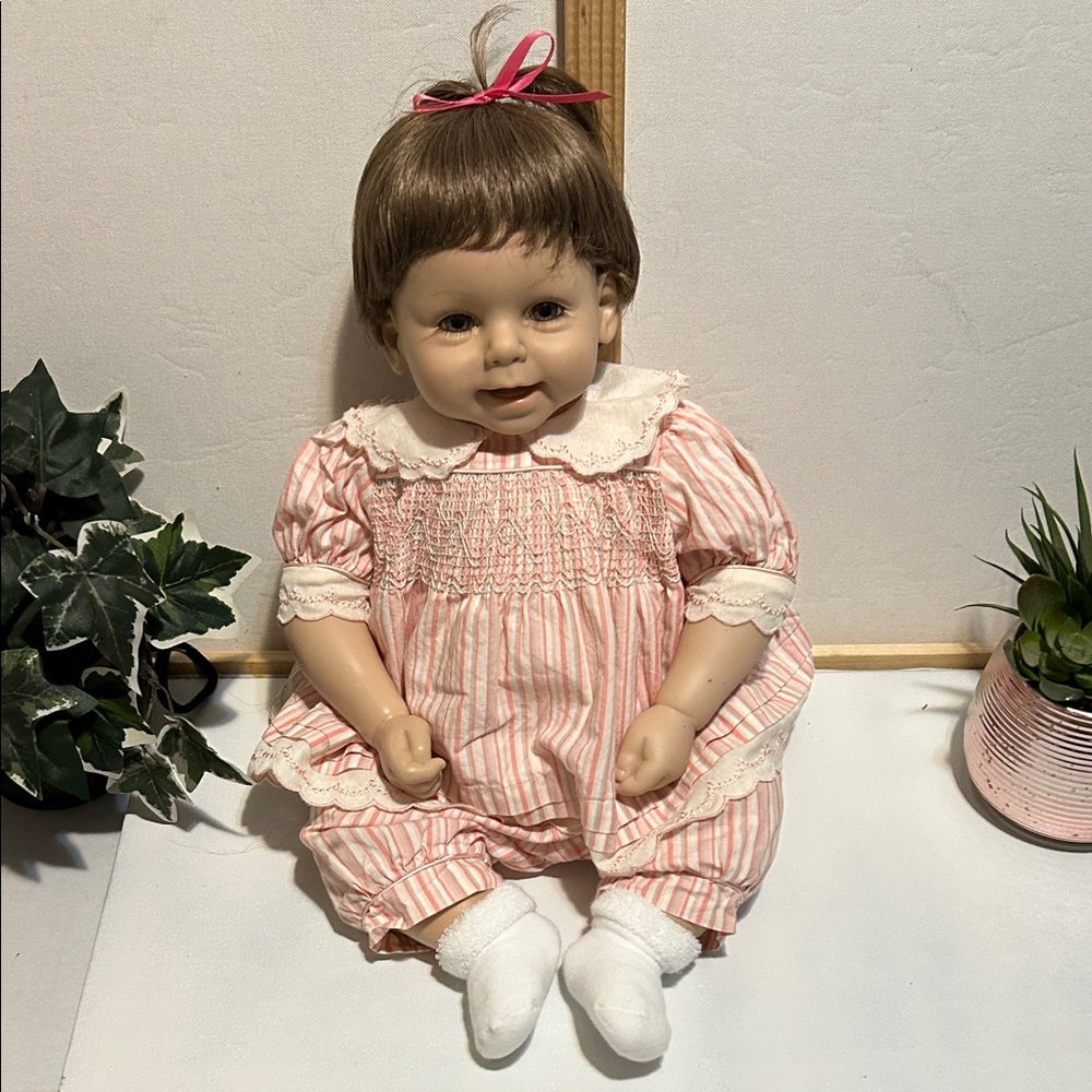 Vintage Striped Pink Baby Doll with Brown Hair